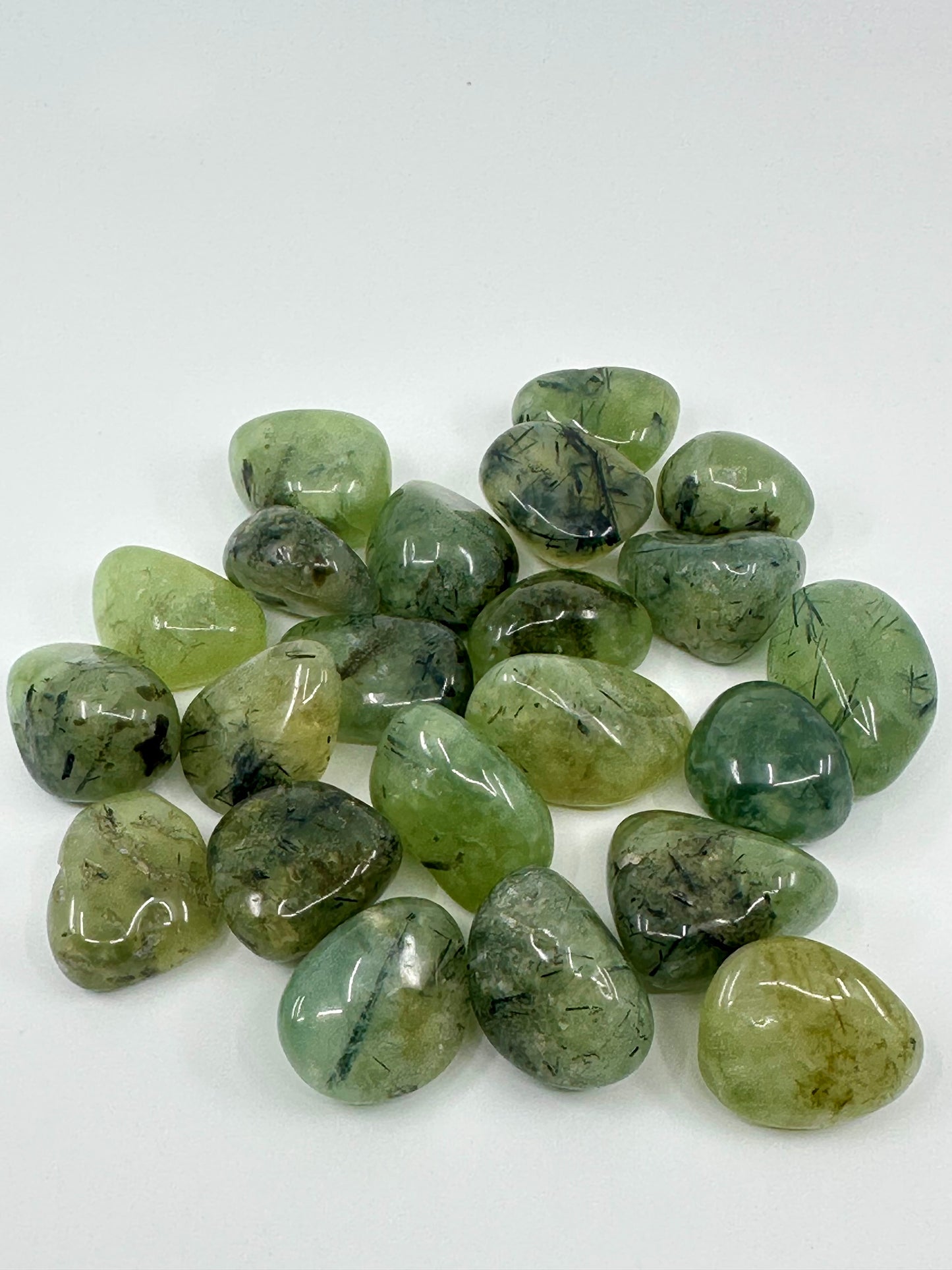 TUMBLES - Fluorite, African Bloodstone, Seraphinite, Prehnite, Epidote, Moss Agate, Mixed Chip Bag
