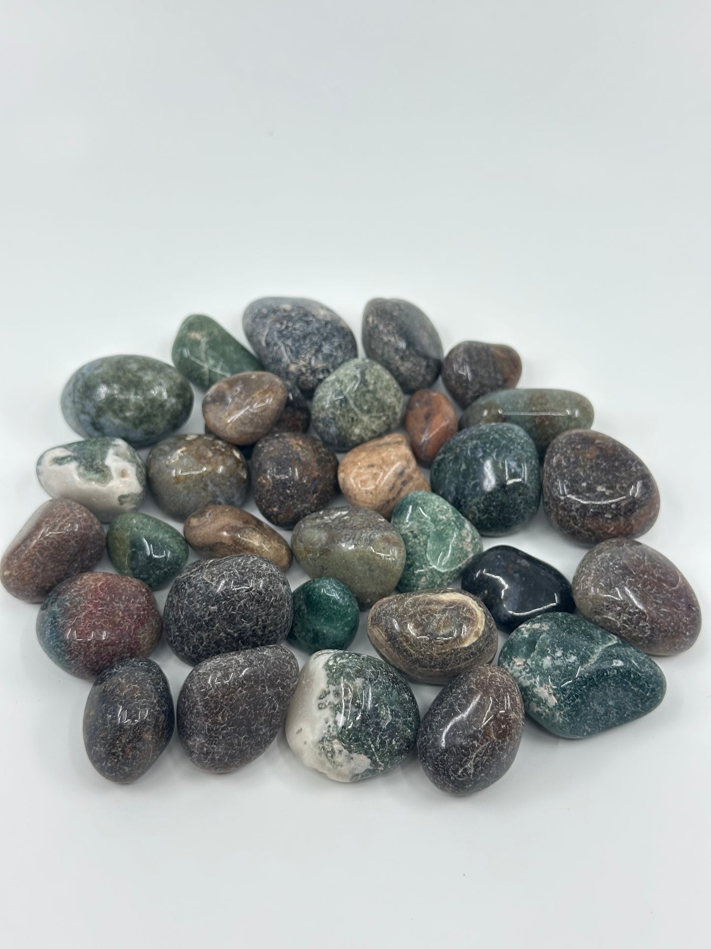 TUMBLES - Fluorite, African Bloodstone, Seraphinite, Prehnite, Epidote, Moss Agate, Mixed Chip Bag