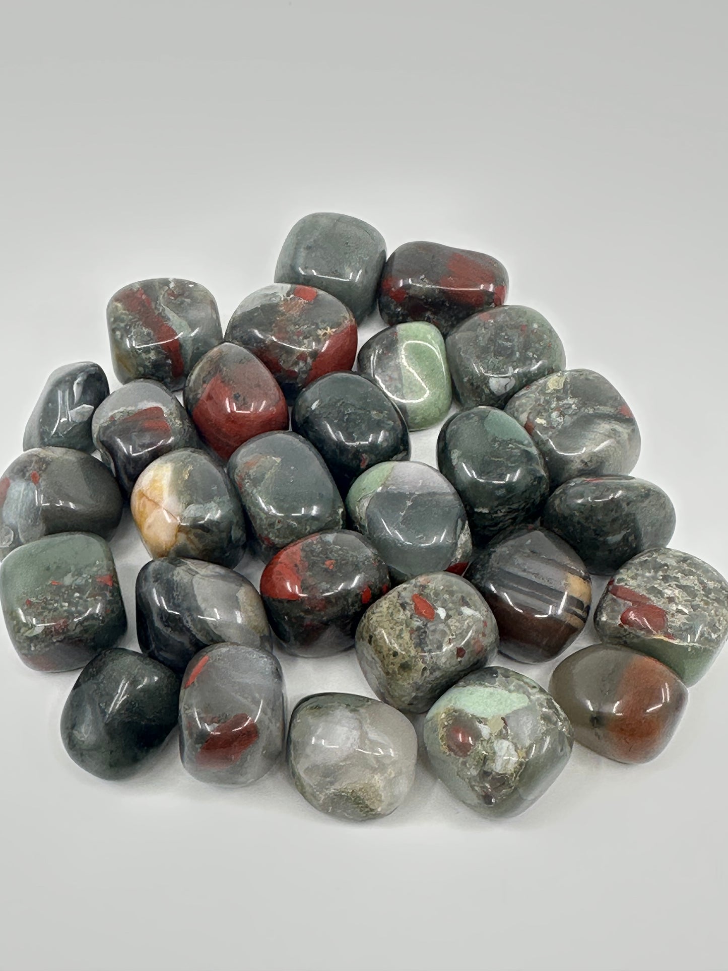 TUMBLES - Fluorite, African Bloodstone, Seraphinite, Prehnite, Epidote, Moss Agate, Mixed Chip Bag