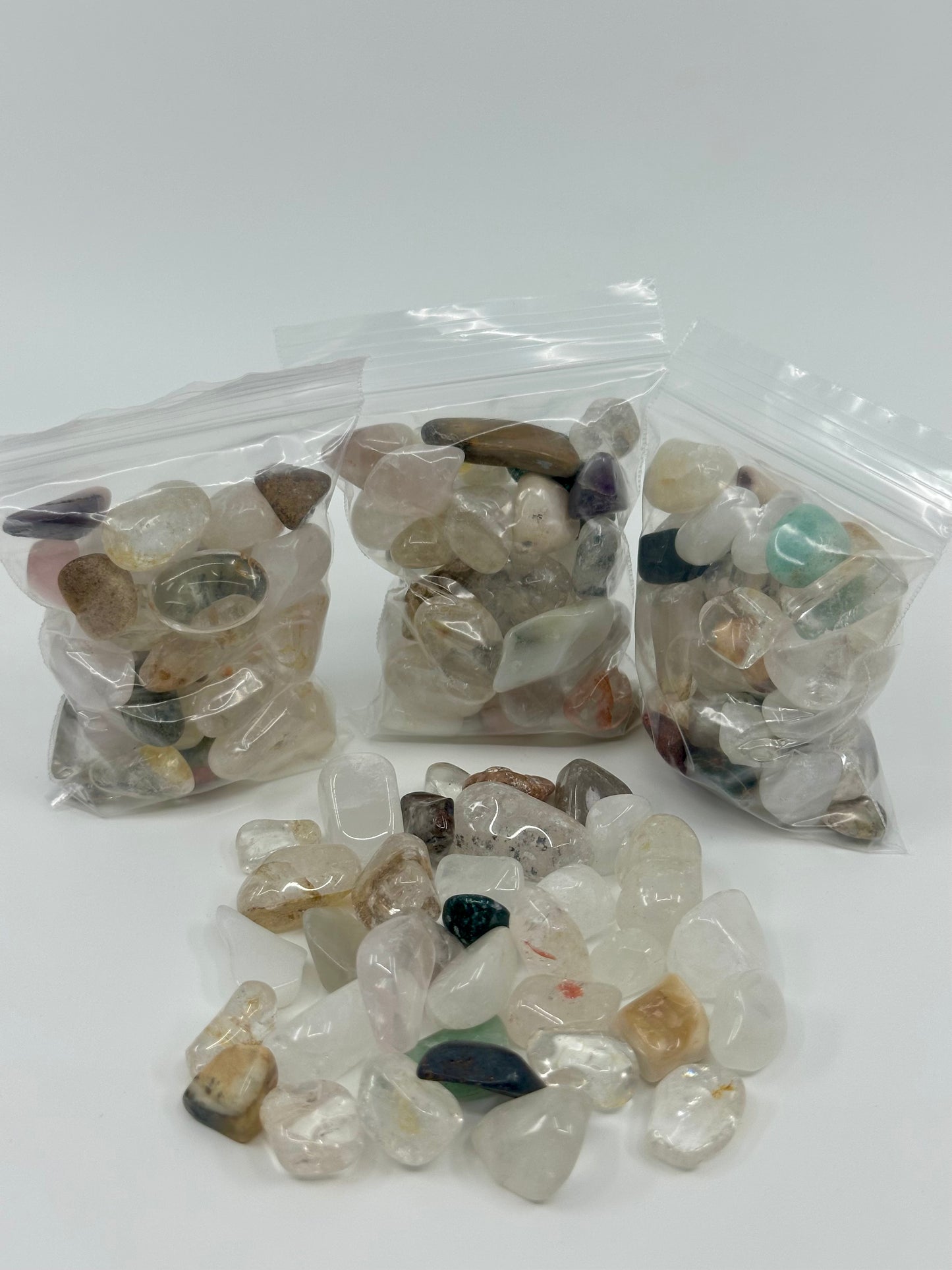 TUMBLES - Fluorite, African Bloodstone, Seraphinite, Prehnite, Epidote, Moss Agate, Mixed Chip Bag
