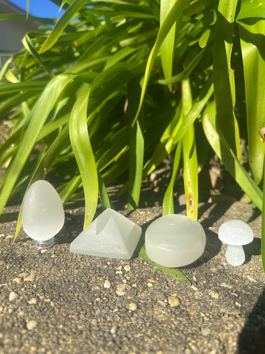 SELENITE Egg, Pyramid, Palm Stone, Mushroom