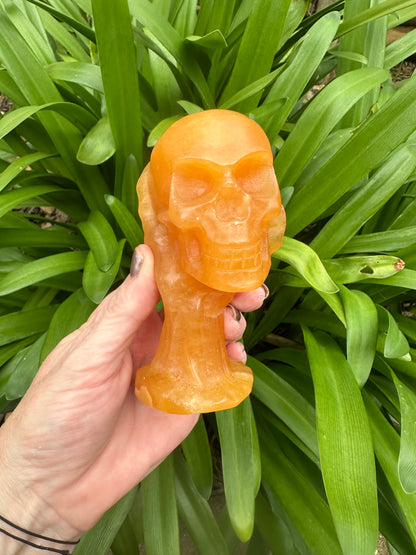 Dark ORANGE CALCITE SKULL - Genuine Crystal - Bright - Sunshine - Skull and Hand - Chunky