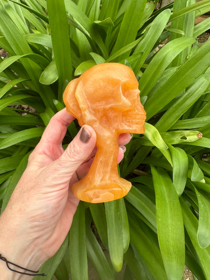 Dark ORANGE CALCITE SKULL - Genuine Crystal - Bright - Sunshine - Skull and Hand - Chunky