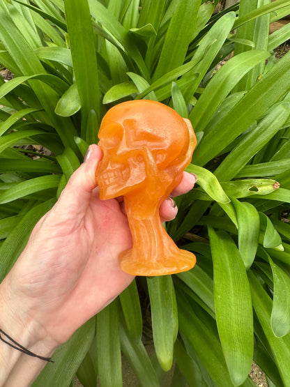 Dark ORANGE CALCITE SKULL - Genuine Crystal - Bright - Sunshine - Skull and Hand - Chunky