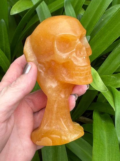 Dark ORANGE CALCITE SKULL - Genuine Crystal - Bright - Sunshine - Skull and Hand - Chunky